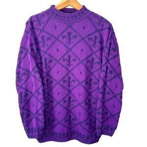 Garan by Marita Vintage Made in USA Purple Fleur De Lis Mock Neck Sweater Size M